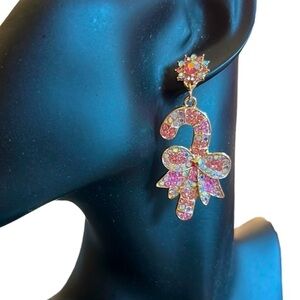 CHRISTMAS Candy Cane Iridescent Rhinestone Dangle Pierced Earrings